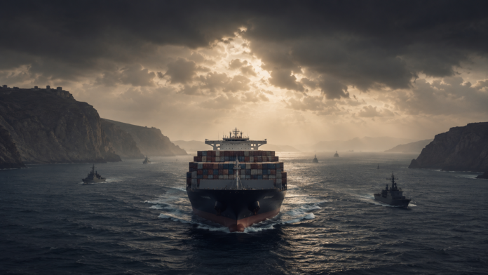 A large container ship sails through a narrow strategic waterway under dark storm clouds, escorted by naval vessels, illustrating heightened maritime security risks following the Houthi announcement of a maritime embargo on Saudi Arabia.