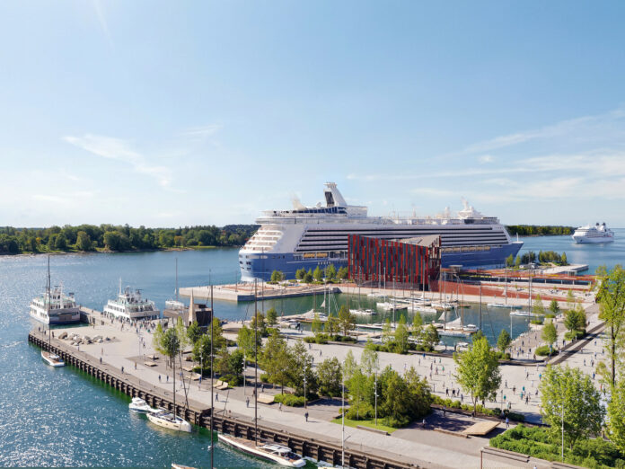 Visualisation of the planned marina and new Cruise Terminal at the Port of Klaipėda, with yachts, public waterfront areas and cruise ships.