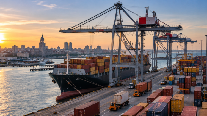 Container ship berthed at a busy container terminal with gantry cranes and cargo trucks at sunset.
