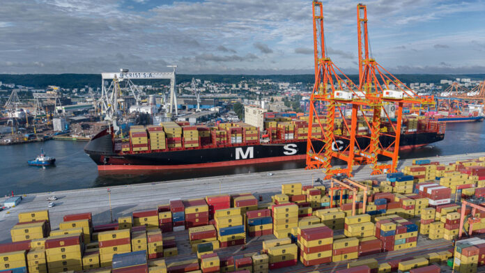 BCT’s new quay cranes tower over the MSC Venice during the vessel’s maiden call last July.