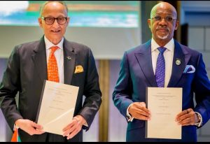 L-R: Yuvraj Narayan, Group Chief Executive Officer, DP World and Ogun State Governor, Prince Dapo Abiodun, at the signing of the $7bn-plus MoUs for the Gateway Deep Sea Port and Blue Marine Special Economic Zone in Paris, France. Thursday, September 24, 2026
